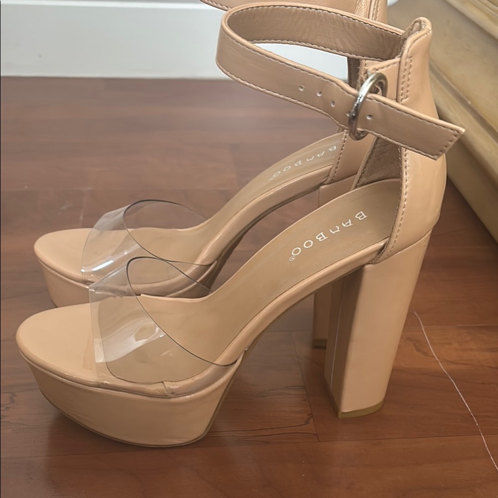 BAMBOO Tan Block Heel Slingback Heels
